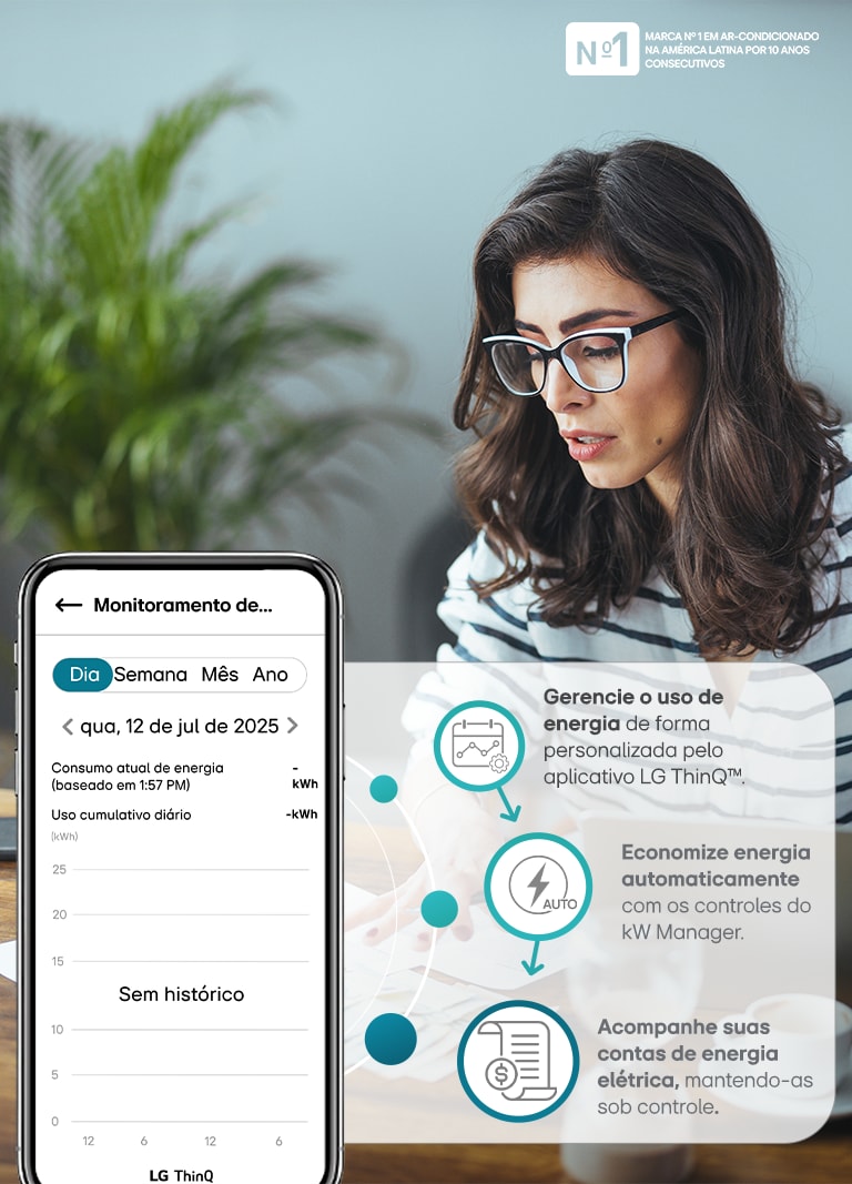 Imagem mostra a tela do gerenciador de KW no app LG ThinQ, informativo sobre seus benefícios de uso e atrás uma mulher gerenciado suas contas financeiras