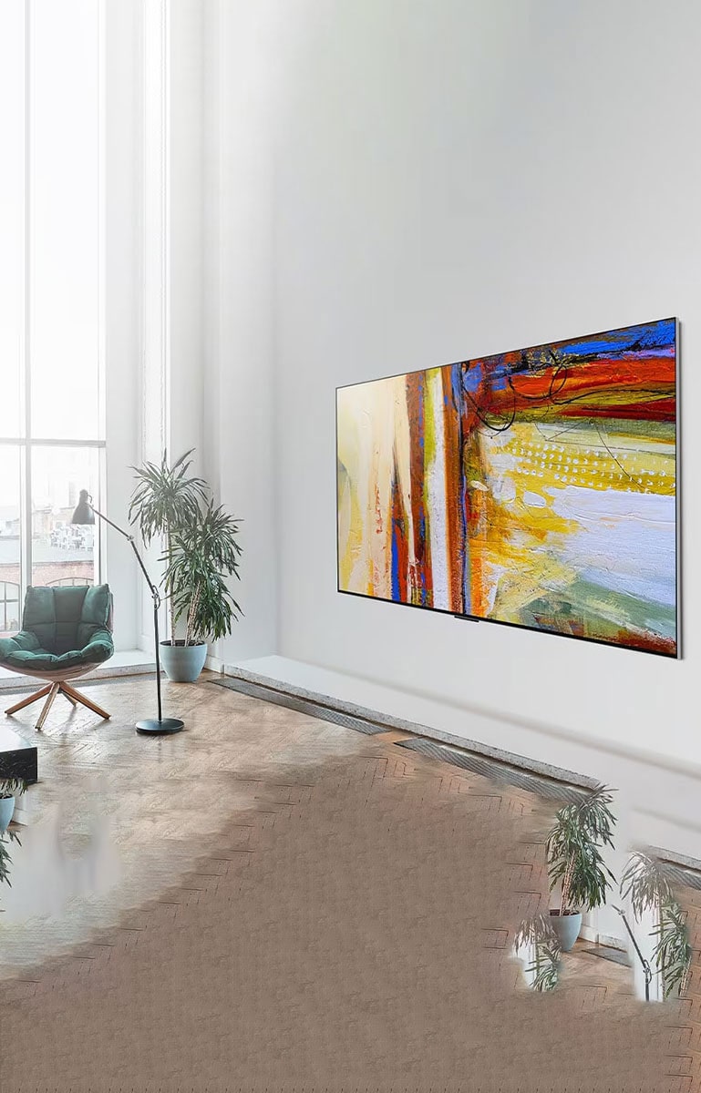 Uma imagem do LG OLED evo C3 na parede de um apartamento moderno e peculiar em Nova York com uma cena noturna romântica passando na tela. Emblema de TV OLED nº 1 do mundo por 10 anos.