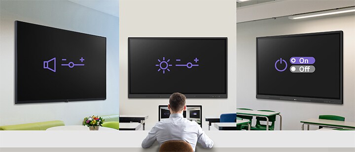 Uma imagem de exemplo mostra um administrador gerenciando simultaneamente várias sinalizações digitais por meio da solução LG ConnectedCare.