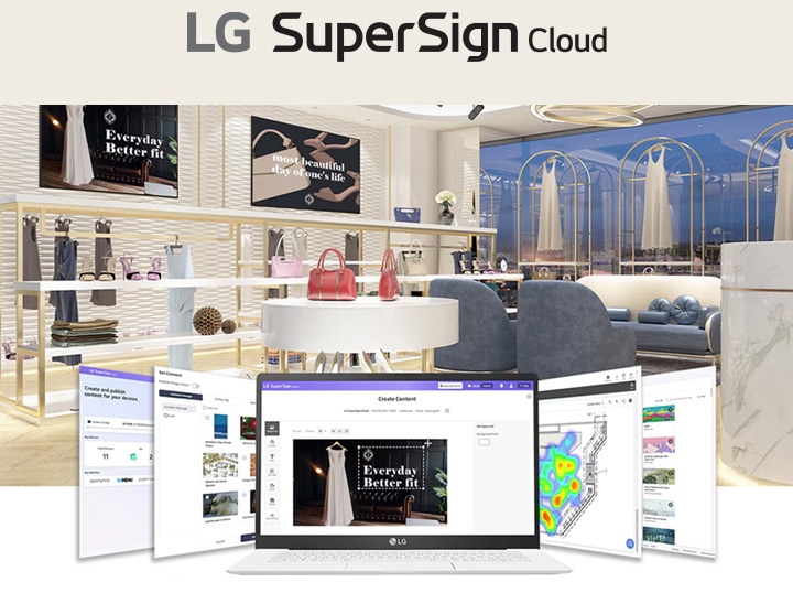 Mostra uma imagem de uma loja de roupas com cinco janelas do navegador LG SuperSign Cloud exibidas na parte inferior. A janela central mostra o processo de criação de conteúdo e como o conteúdo criado é aplicado às exibições na loja.