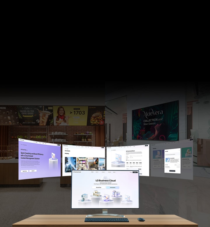 Esta imagem apresenta a tela principal do LG Business Cloud em um monitor, com várias visualizações de páginas da Web exibidas ao fundo.	