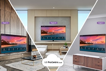A solução LG Pro:Centric Cloud habilita a reprodução do mesmo conteúdo em TVs de hotéis em diferentes locais.