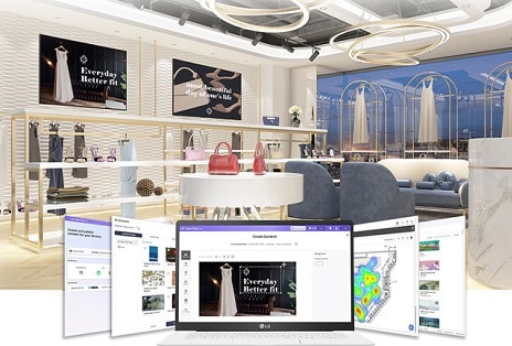 Esta imagem mostra um laptop executando a solução LG SuperSign Cloud, com o conteúdo da tela espelhado em um monitor de fundo por meio da solução.	