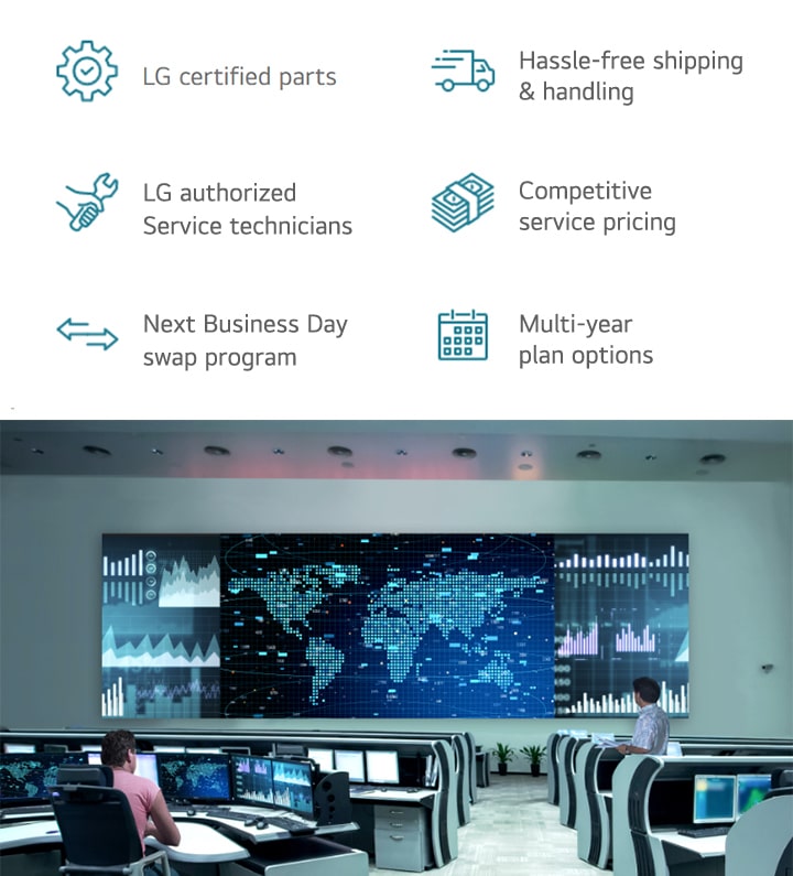 Infográfico que apresenta os recursos do LG ExtendedCare: peças certificadas, técnicos autorizados, remessa sem complicações, preços competitivos, troca no dia útil seguinte e planos de vários anos. Acompanhado por uma imagem de uma sala de controle com painéis de visualização de dados avançados.