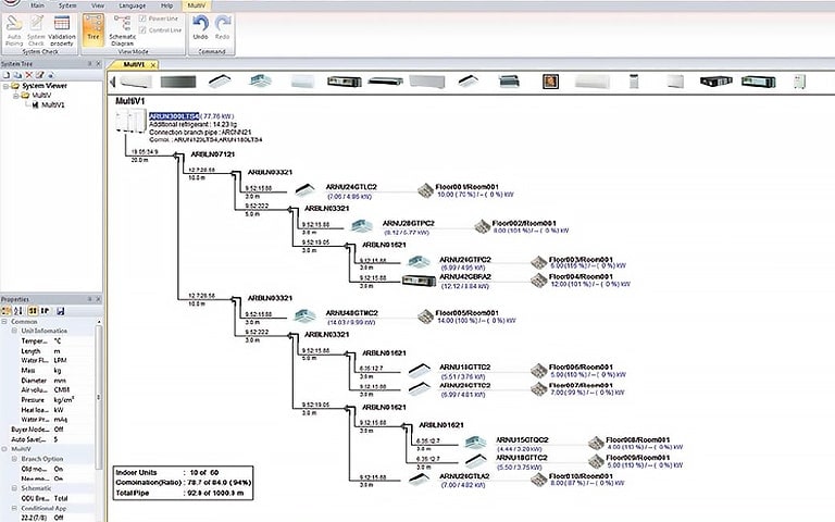Uma tela de programa ilumina um diagrama complexo detalhando as conexões dentro do sistema Multi V.