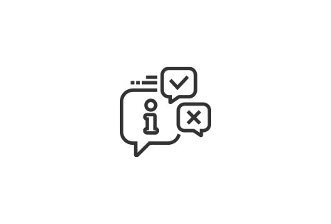 Três balões de palavras de tamanhos diferentes, cada um delineado em preto, mostram diferentes conteúdos: um ponto de exclamação, um ponto de interrogação e um sinal de verificação, respectivamente.