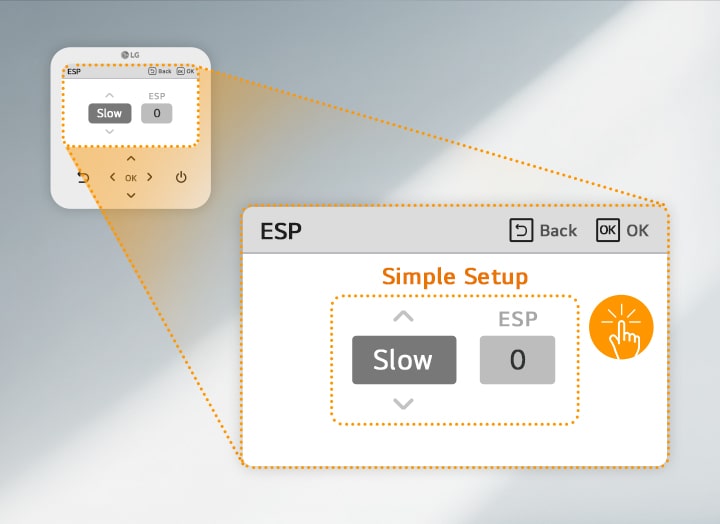 Close de um painel de controle da LG no modo “ESP” mostrando “Simple Setup” (Configuração simples) com opções para “Slow” (lento) e “0” (zero), e botões “Back” (voltar) e “OK” (OK) no canto superior direito.