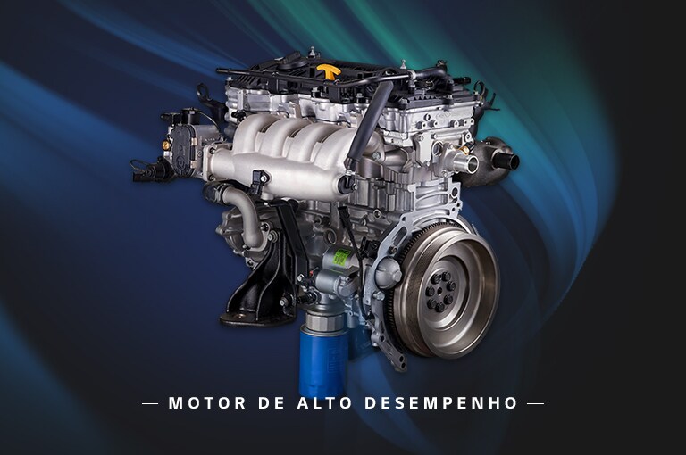 Motor a gás complexo com muitos componentes diferentes combinados. Inclui uma tampa preta, um cilindro metálico e peças circulares giratórias voltadas para a frente.