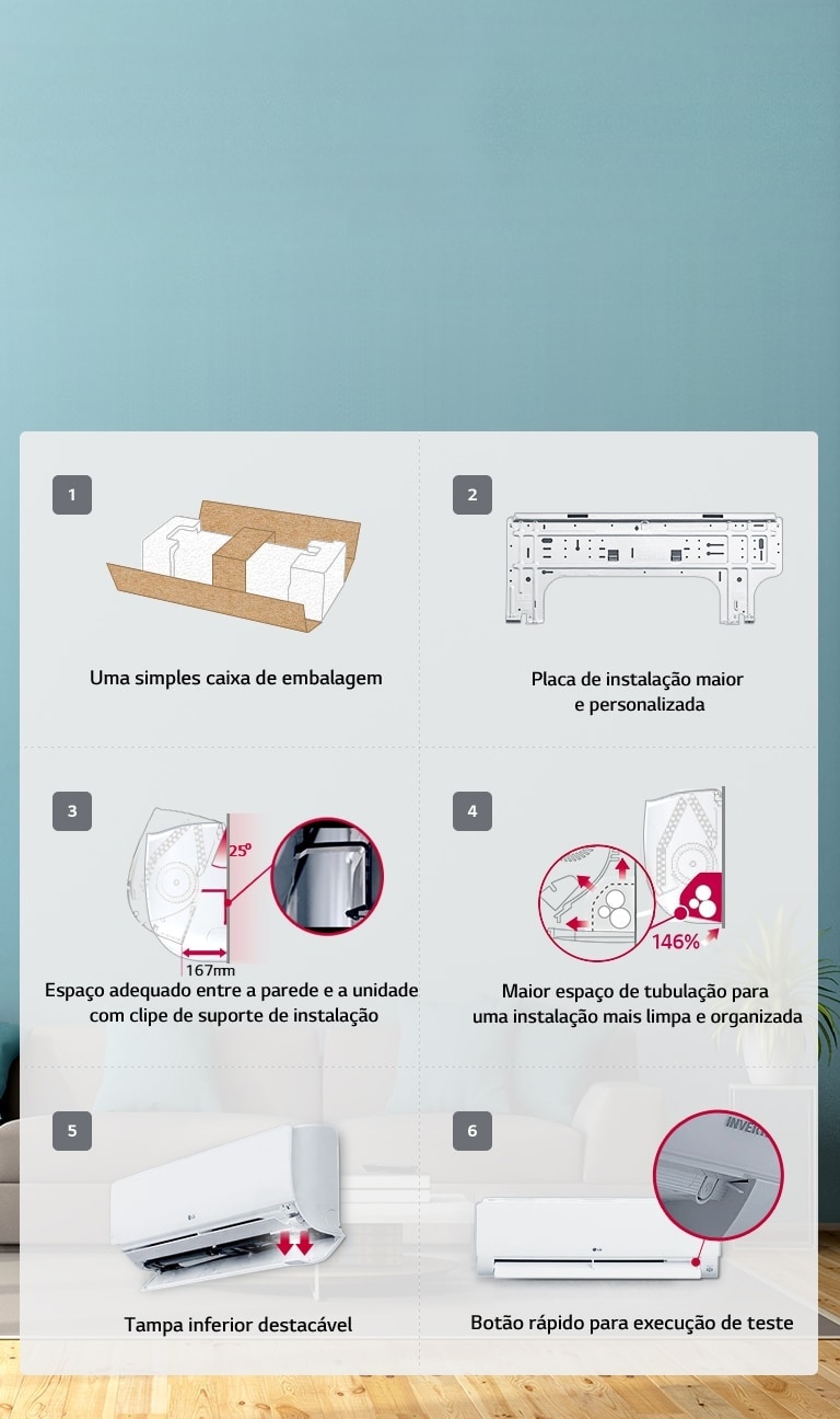 Desembale a unidade LG, fixe a placa de instalação, garantindo espaço suficiente na parede. Use um tubo mais largo para uma configuração organizada. Abra a tampa inferior e faça um teste.