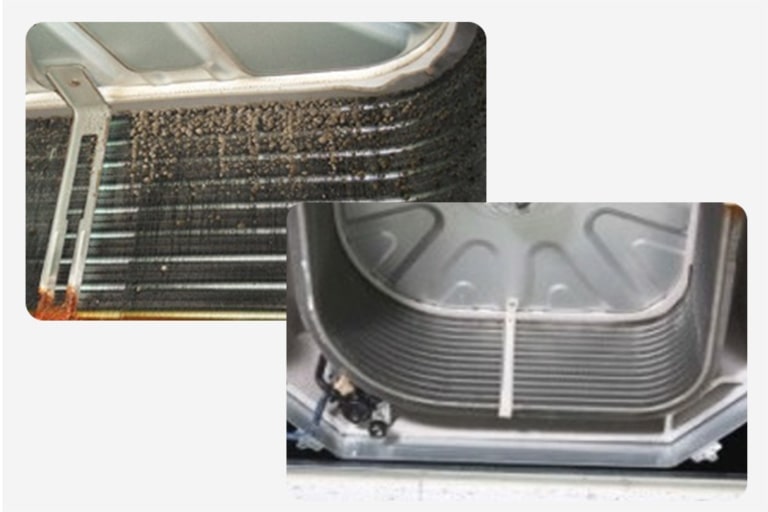Duas imagens de sistemas de ar condicionado de cassete que ficaram sujos devido ao uso prolongado.