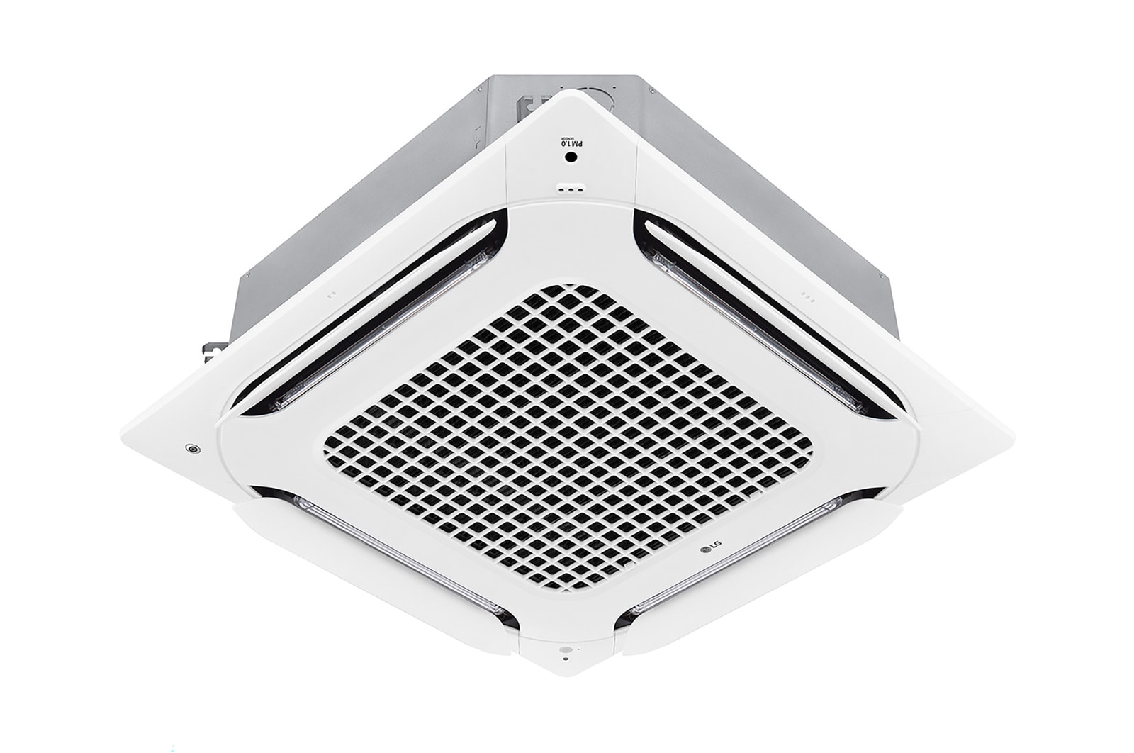 A unidade interna LG Dual Vane Cassette de 30kBTU tem formato quadrado, e o ar pode se espalhar em quatro direções. 