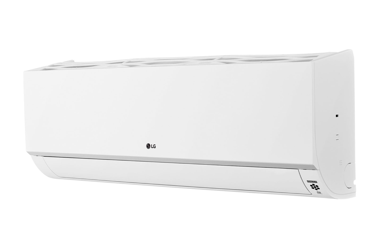 O LG Wall Mounted ARNU07GSJC4 tem um formato longo de paralelepípedo retangular e uma leve curva na parte inferior. Há uma saída de ar na parte inferior e uma grade na parte superior.