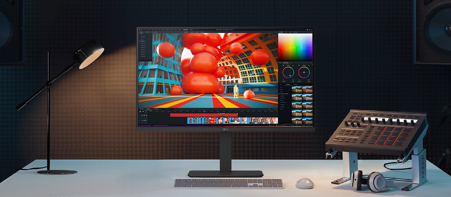 Um monitor LG UltraFine sobre uma mesa em um estúdio de música, exibindo um software colorido de edição de vídeo 3D, com uma mesa de mixagem e fones de ouvido próximos.