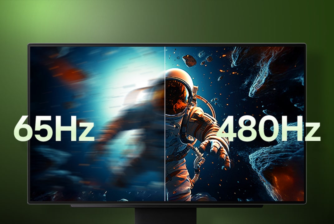 Monitor gaming LG comparando uma cena de astronauta 65Hz desfocada e 480Hz nítida ilustra diferenças na clareza de movimento.