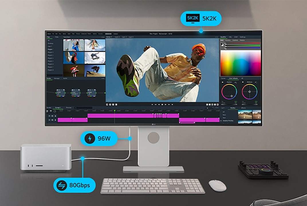 Monitor LG com texto 5K2K, 96W e 80Gbps ilustra conectividade e transferência de dados Thunderbolt 5.