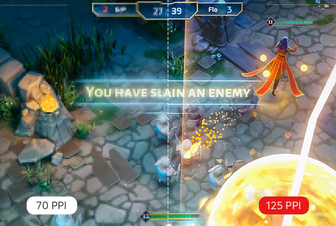 Tela de jogo dividida mostrando a comparação entre 70 PPI e 125 PPI, com o lado direito mais nítido. À direita, ampliações circulares ilustram a diferença entre as estruturas de subpixels RWBG e RGWB.