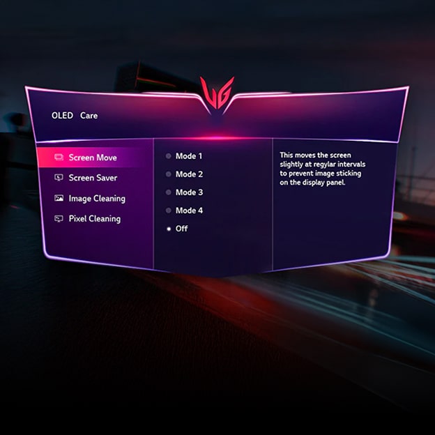 Menu OLED Care exibido na tela do monitor LG, mostrando opções como Movimento de Tela (Screen Move), Protetor de Tela (Screen Saver), Limpeza de Imagem (Image Cleaning) e Limpeza de Pixel (Pixel Cleaning), com modos selecionáveis para evitar marcas de imagem no painel.
