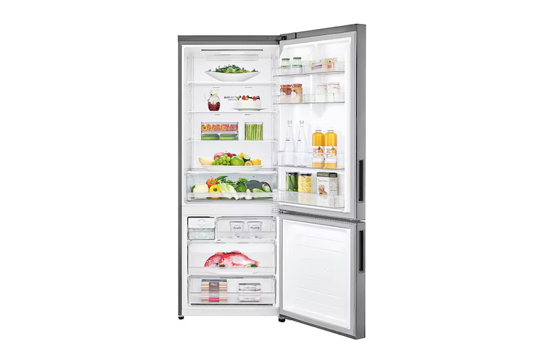 Refrigerador Inverse com refrigerador superior e freezer inferior, porta aberta