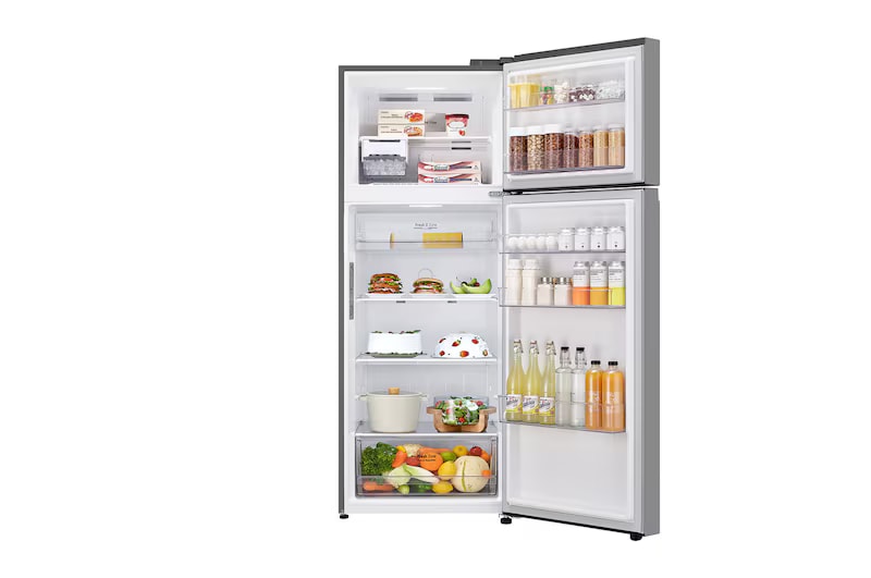 Refrigerador Duplex com freezer superior e compartimento refrigerador inferior, porta aberta