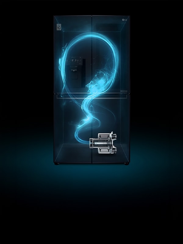 Ilustração da geladeira LG com fluxo de ar azul girando ao lado do compressor mostra o desempenho do inverter.