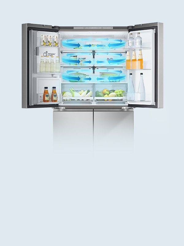 Interior da geladeira LG com setas azuis de fluxo de ar circulando em todas as prateleiras ilustra o Multi Air Flow para resfriamento.