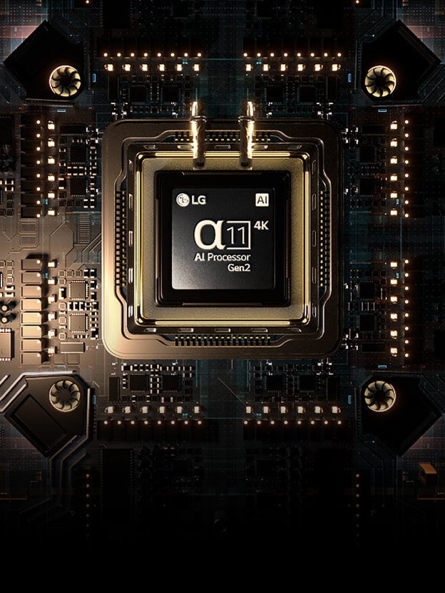 Chip do processador LG TV brilhando em placa de circuito ilustra imagem e desempenho via processador de IA.