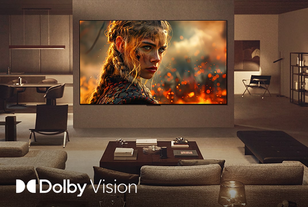 Cena de filme na LG TV com texto Dolby Vision ilustra brilho, contraste e cores cinematográficas.