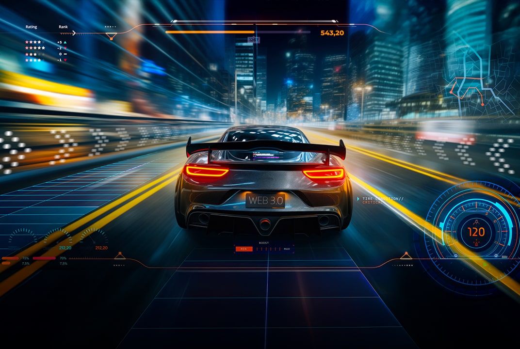LG TV exibindo carro de corrida com movimento rápido e gráficos HUD ilustra jogo sem rasgos com NVIDIA G-SYNC e AMD FreeSync Premium.