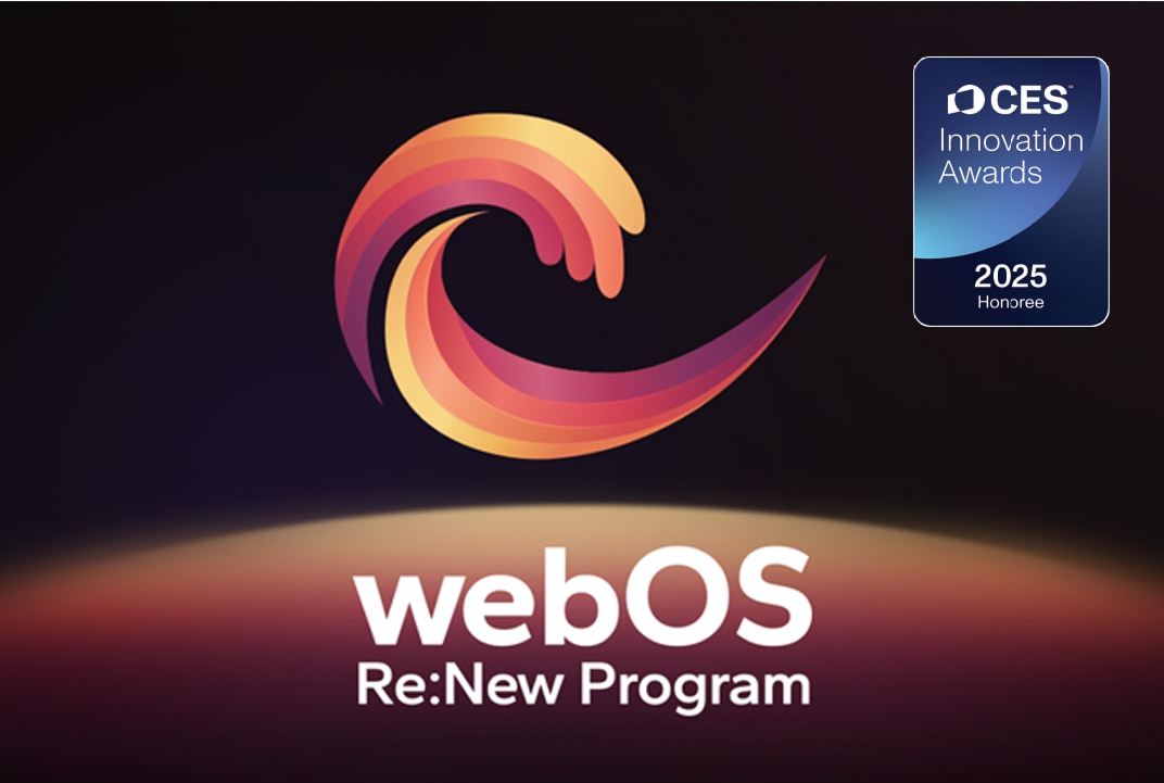 Gráfico da LG TV com logotipo do webOS Re:New Program e selo CES 2025 Honoree ilustra atualizações contínuas da plataforma webOS.