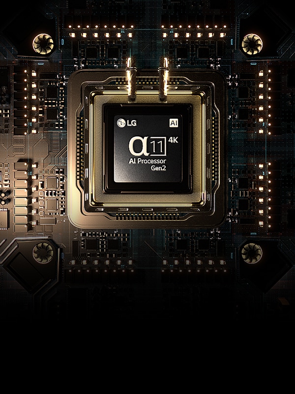 Chip do processador LG TV brilhando em placa de circuito ilustra imagem e desempenho via processador de IA.