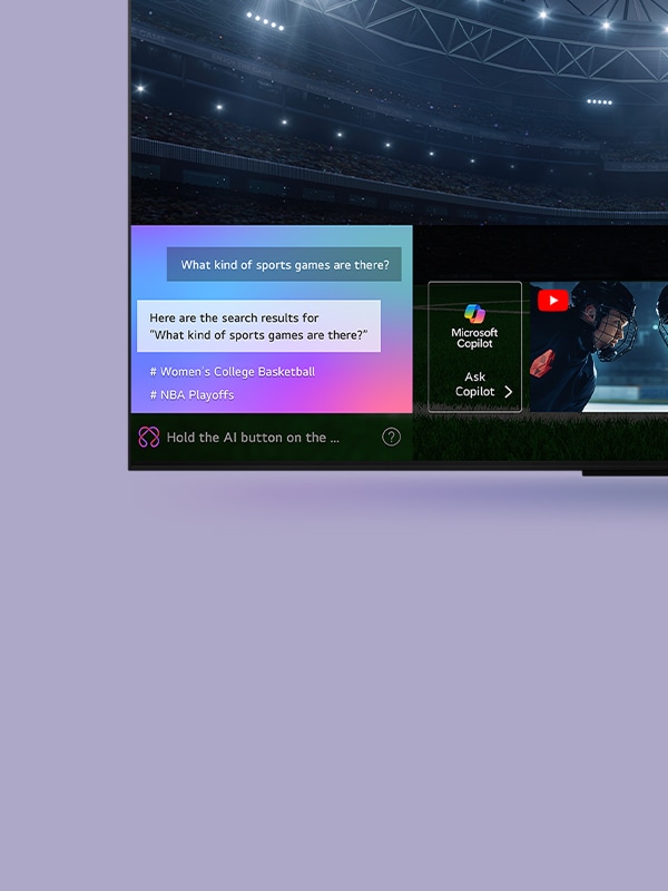 LG TV exibindo cena de estádio com resultados de busca ilustra recomendações de AI Search.