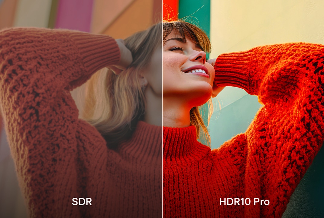Uma foto de uma garota com suéter vermelho dividida ao meio mostra o lado esquerdo em SDR e o lado direito em HDR10 Pro. O lado direito da imagem apresenta maior nitidez e contraste em comparação ao lado esquerdo.