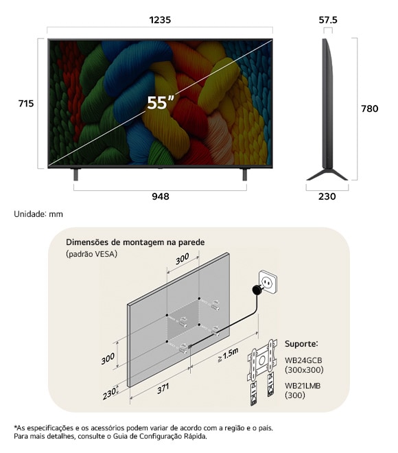 Visão de dimensões do LG NanoCell AI NANO80 4K Smart TV 55-inch, 1235×780×230 mm, panel 57.5 mm, VESA 300x300.