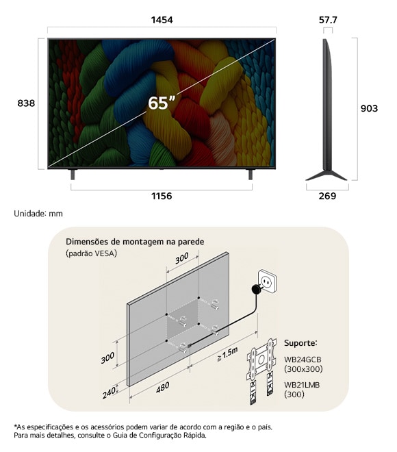 Visão de dimensões do LG NanoCell AI NANO80 4K Smart TV 65-inch, 1454×903×269 mm, panel 57.7 mm, VESA 300x300.