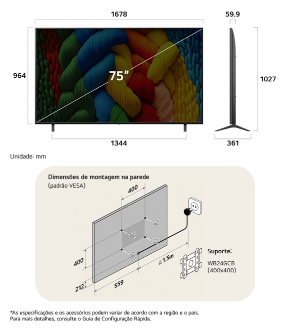 Visão de dimensões do LG NanoCell AI NANO80 4K Smart TV 75-inch, 1678×1027×361 mm, panel 59.9 mm, VESA 400x400.