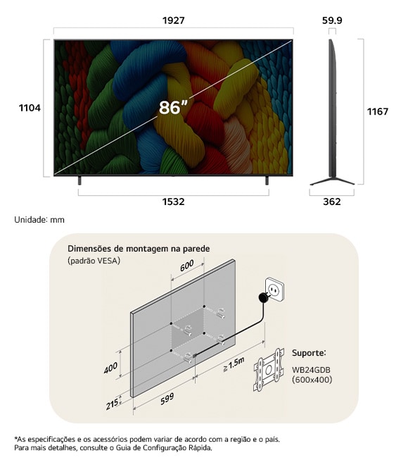 Visão de dimensões do LG NanoCell AI NANO80 4K Smart TV 86-inch, 1927×1167×362 mm, panel 59.9 mm, VESA 600x400.