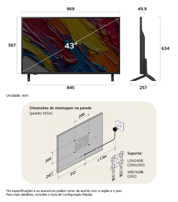 Visão de dimensões do LG QNED MiniLED AI QNED82 4K 43-inch, 969×634×257 mm, panel 49.9 mm, VESA 200x200.