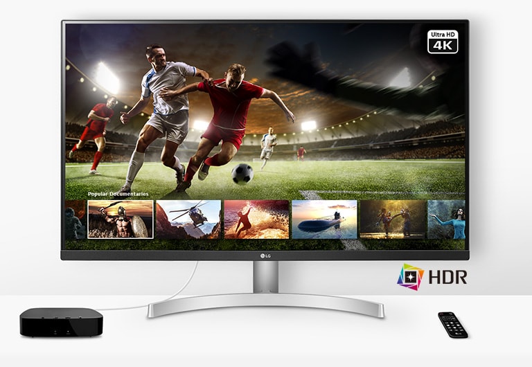 Uma partida de futebol no Monitor LG UHD 4K HDR em uma plataforma de stream.