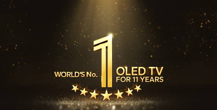 Um emblema dourado da OLED TV número um do mundo por 11 anos em um fundo preto. Um holofote brilha sobre o emblema, e estrelas abstratas douradas preenchem o espaço.