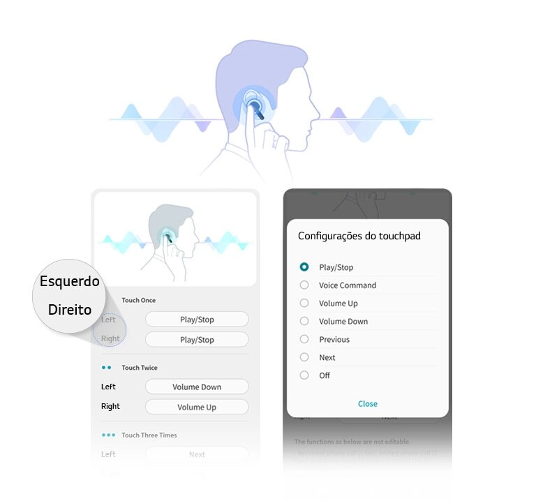 Ilustração mostrando homem de perfil tocando o fone de ouvido em sua orelha. A tela de interface do aplicativo mostra que as pessoas podem ajustar as configurações do touchpad para os fones de ouvido direito e esquerdo