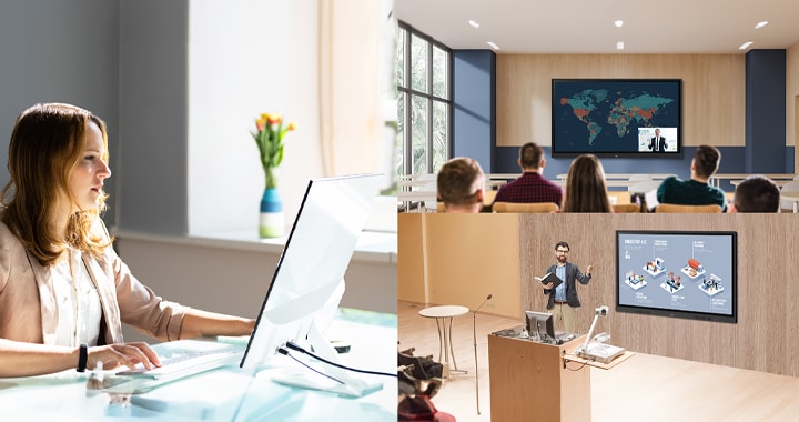 Essa ilustração mostra um administrador gerenciando LG CreateBoards, quadros digitais interativos instalados em várias salas de aula usando o LG ConnectedCare (Licença de DMS).