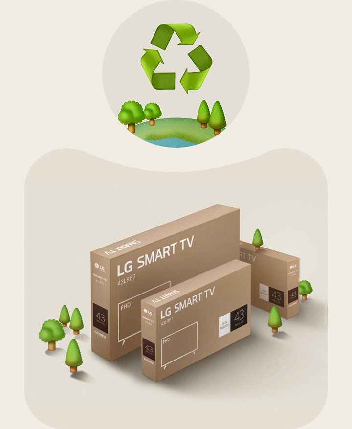 Embalagem da LG FHD em um fundo bege com ilustrações de árvores. 