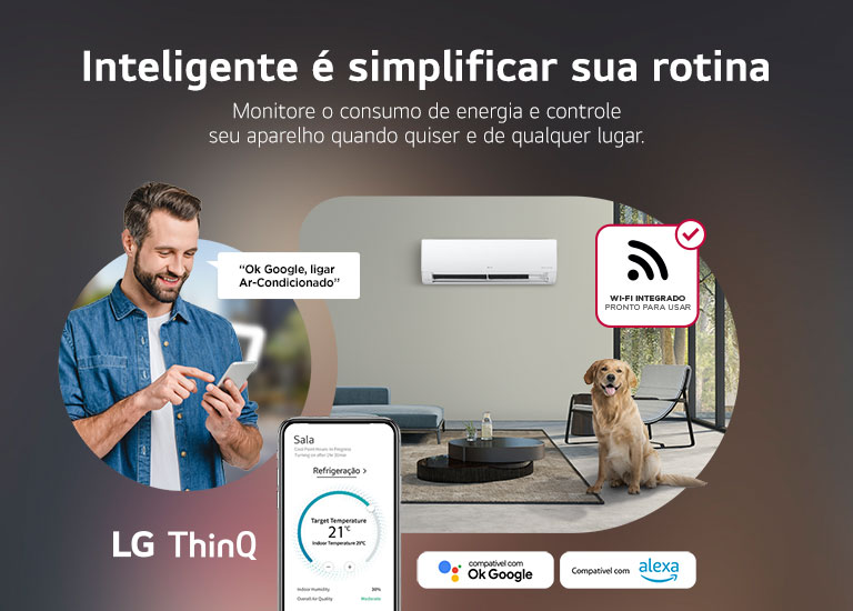 Homem ligando o ar-condicionado LG Dual Inverter remotamente com comando de voz para o seu cão se manter em temperatura confortável em casa