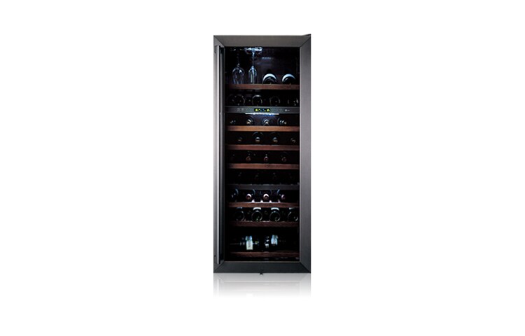 Vista frontal de Capacidade de 283L, ausência de vibrações, vidro com tripla proteção UV, zonas de temperaturas diferenciadas, exclusivo porta-taças. AV81