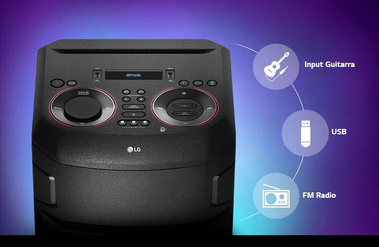 Vista aproximada da parte superior do LG XBOOM, ícones de conectividade são mostrados ao redor do produto.