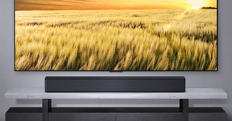 Uma TV é exibida em uma parede cinza e o LG Soundbar abaixo dela em uma prateleira cinza. Disco Blue-Ray abaixo da prateleira.