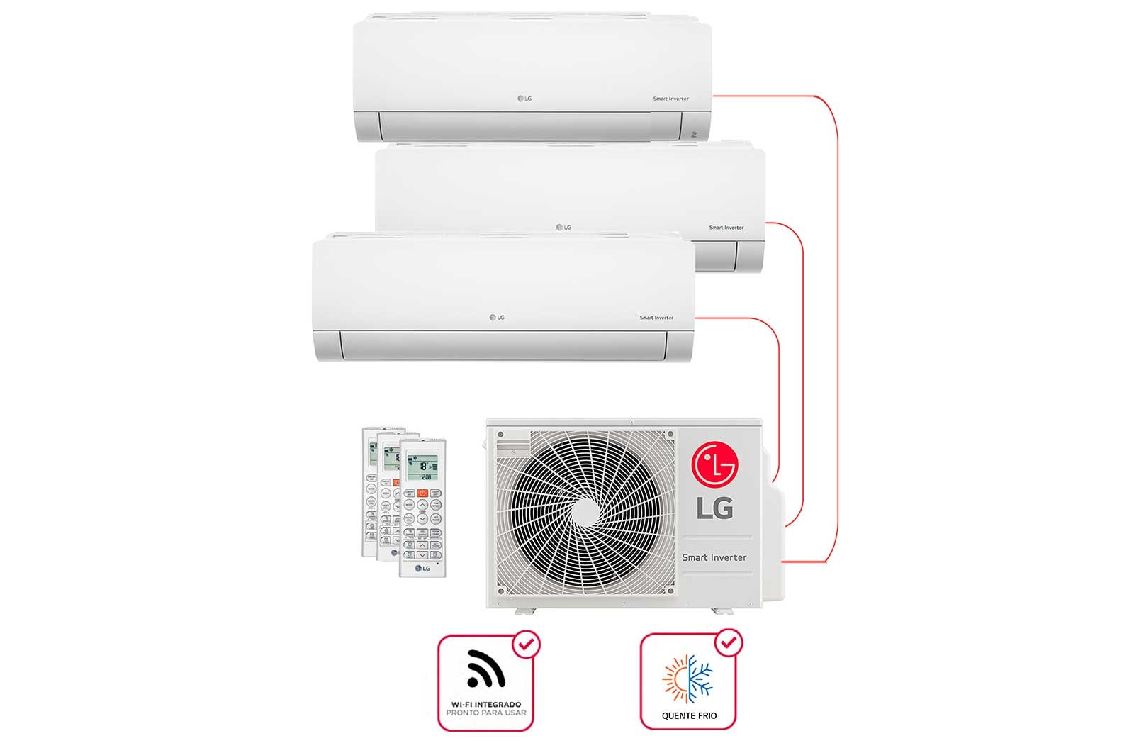 Vista frontal de 3 Ambientes (Hiwall 1x9, 2x12) Quente/Frio, WiFi, 220V , Ar Condicionado Multi Split E3Q2413.OBS