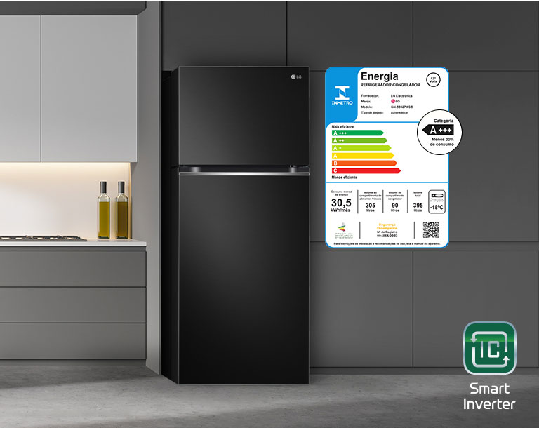 Economia de energia com classificação energética A+++. Nova linha de Geladeiras LG Inverse, com compressor Smart Inverter.