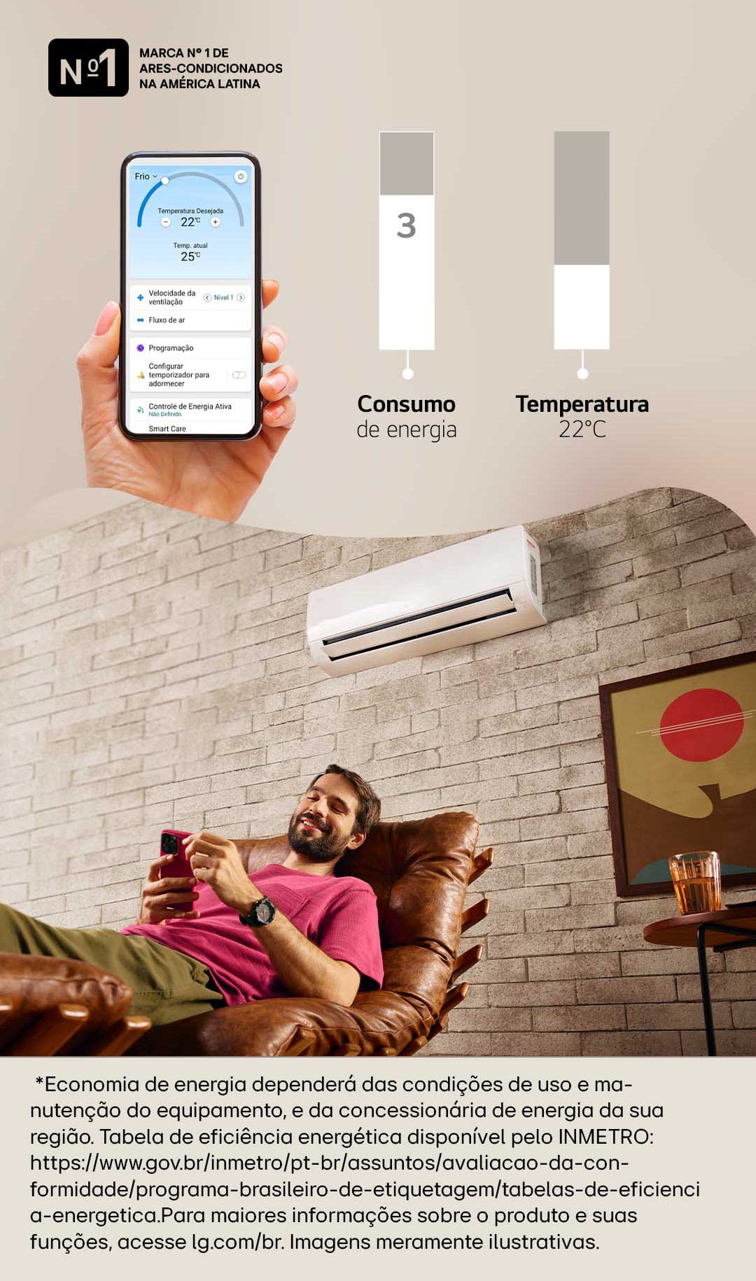 Infográfico animado simulando a redução do consumo de energia em 4 níveis enquanto a temperatura escolhida permanece fixa