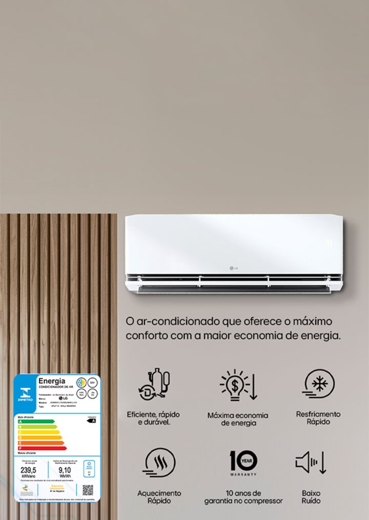 Foto ilustrativa do ar-condicionado LG DUAL Inverter Uniq +AI 3.0 com inteligência artificial avançada e ícones das características sobre a máxima eficiência energética